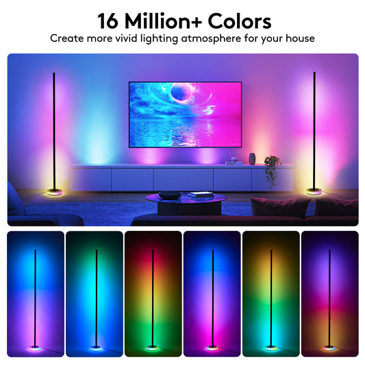 Wfiia 59" Smart LED Corner Floor Lamp, RGBICW Color Changing Ambient Lighting, App Control Music Sync Mood Light, Modern Dimmable Room Decor for Bedroom, Living Room, Gaming Setup, Black