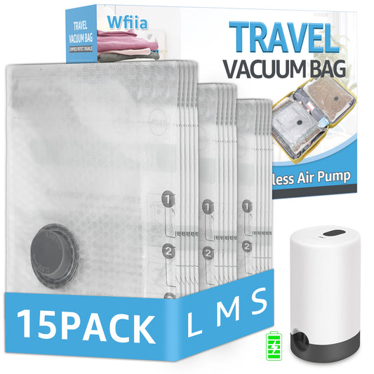 Wfiia 15 Packs Vacuum Bags for Travel with Rechargeable Pump, 3 Sizes Vacuum Seal Bags for Clothing, Compression Vacuum Travel Bags for Luggage, Vacuum Packing Bags for Closet Organization