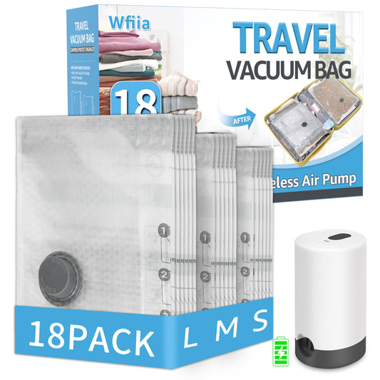 Wfiia 18 Packs Vacuum Bags for Travel with Rechargeable Pump, 3 Sizes Vacuum Seal Bags for Clothing, Compression Vacuum Travel Bags for Luggage, Vacuum Packing Bags for Closet Organization
