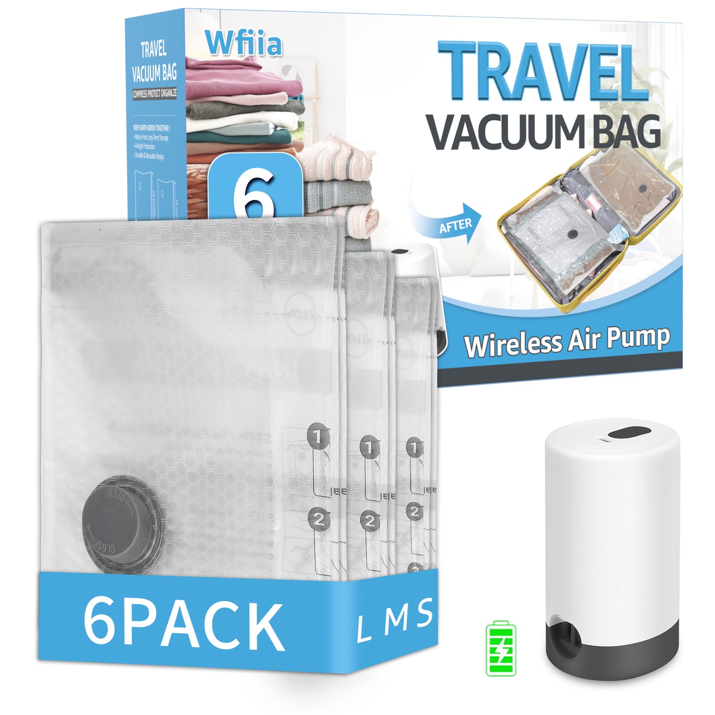 Wfiia 6 Packs Vacuum Bags for Travel with Rechargeable Pump, 3 Sizes Vacuum Seal Bags for Clothing, Compression Vacuum Travel Bags for Luggage, Vacuum Packing Bags for Closet Organization