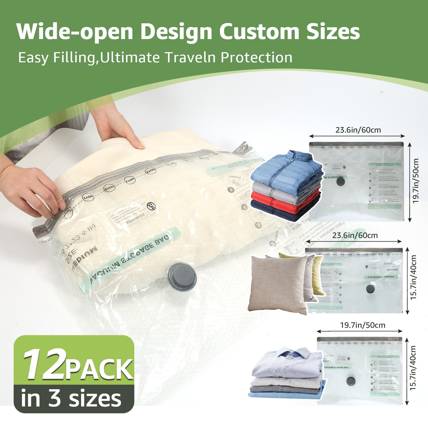 12 Packs Vacuum Bags for Travel with Rechargeable air Pump, 3 Sizes Vacuum Seal Bags for Clothing, Space-Saving Compression Storage Bags for Travel & Closet Organization
