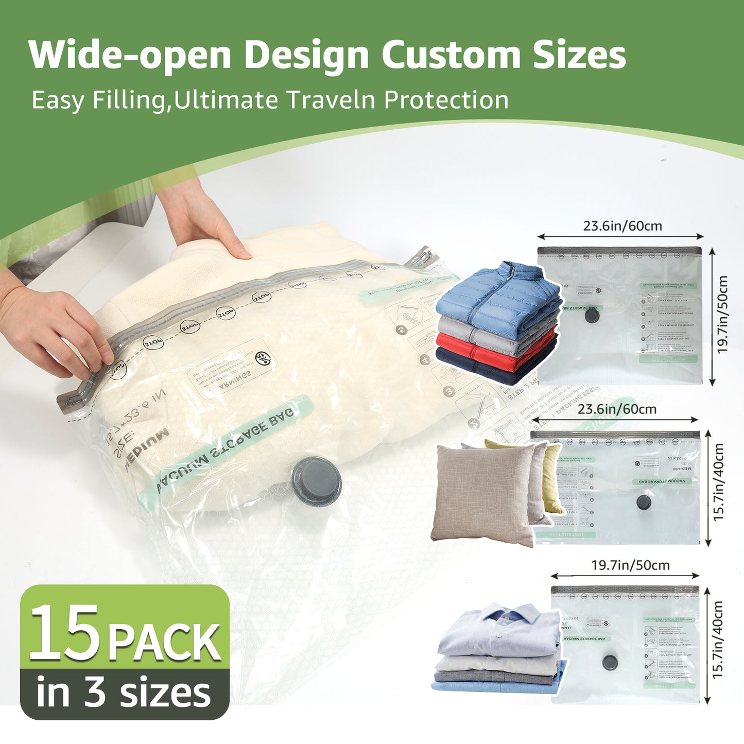 15 Packs Vacuum Bags for Travel with Rechargeable air Pump, 3 Sizes Vacuum Seal Bags for Clothing, Space-Saving Compression Storage Bags for Travel & Closet Organization