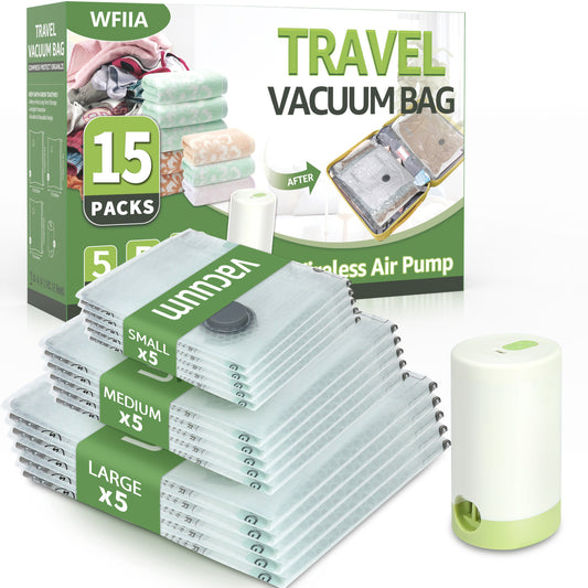 15 Packs Vacuum Bags for Travel with Rechargeable air Pump, 3 Sizes Vacuum Seal Bags for Clothing, Space-Saving Compression Storage Bags for Travel & Closet Organization