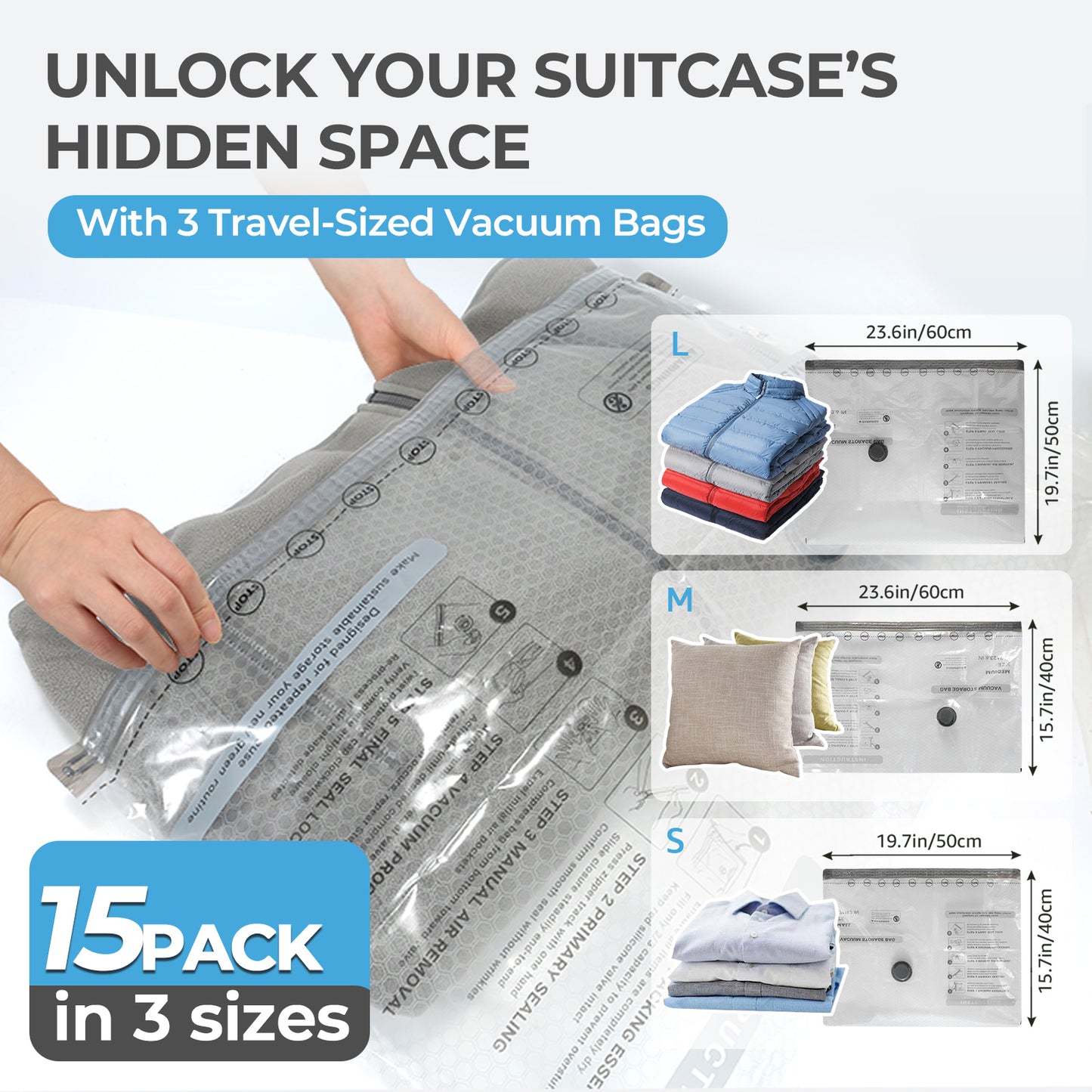 Wfiia 15 Packs Vacuum Bags for Travel with Rechargeable Pump, 3 Sizes Vacuum Seal Bags for Clothing, Compression Vacuum Travel Bags for Luggage, Vacuum Packing Bags for Closet Organization