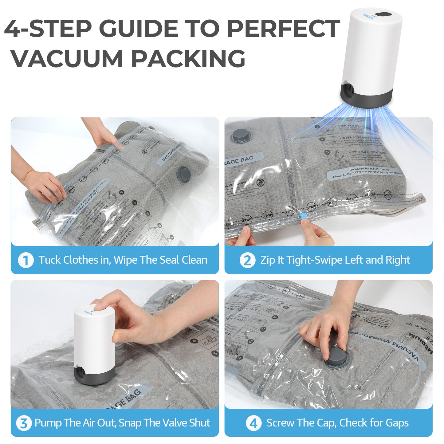 Wfiia 15 Packs Vacuum Bags for Travel with Rechargeable Pump, 3 Sizes Vacuum Seal Bags for Clothing, Compression Vacuum Travel Bags for Luggage, Vacuum Packing Bags for Closet Organization