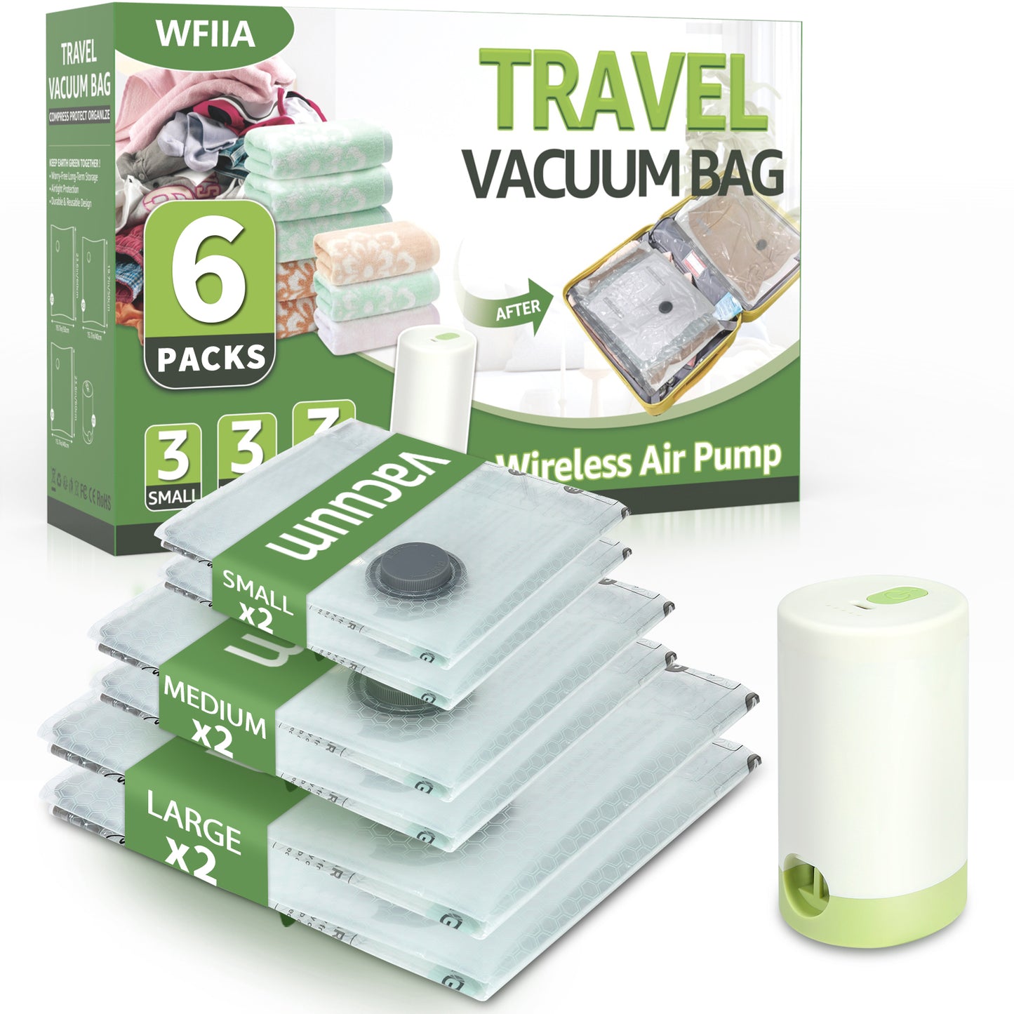 6 Packs Vacuum Bags for Travel with Rechargeable air Pump, 3 Sizes Vacuum Seal Bags for Clothing, Space-Saving Compression Storage Bags for Travel & Closet Organization