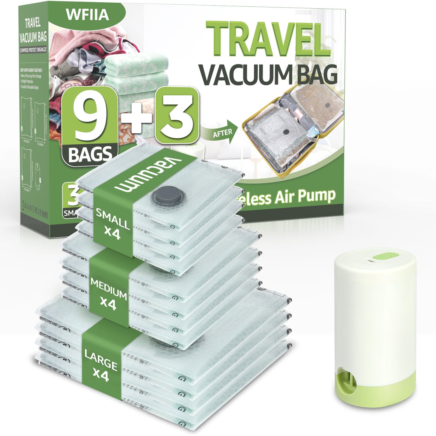12 Packs Vacuum Bags for Travel with Rechargeable air Pump, 3 Sizes Vacuum Seal Bags for Clothing, Space-Saving Compression Storage Bags for Travel & Closet Organization